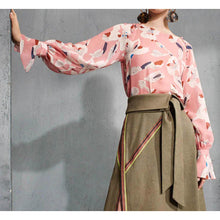 Load image into Gallery viewer, Tanya Taylor Silk Floral Top Pink Boat Neck Bell Cuff Hand Painted 4