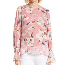 Load image into Gallery viewer, Tanya Taylor Silk Floral Top Pink Boat Neck Bell Cuff Hand Painted 4