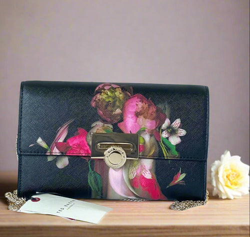 Ted Baker Floral Clutch Shoulder Bag Black Faux Leather Gold Chain Crossbody