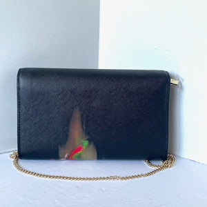 Ted Baker Floral Clutch Shoulder Bag Black Faux Leather Gold Chain Crossbody