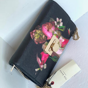 Ted Baker Floral Clutch Shoulder Bag Black Faux Leather Gold Chain Crossbody