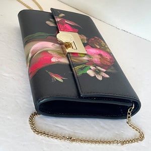 Ted Baker Floral Clutch Shoulder Bag Black Faux Leather Gold Chain Crossbody