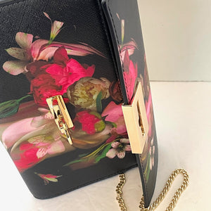 Ted Baker Floral Clutch Shoulder Bag Black Faux Leather Gold Chain Crossbody