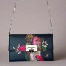 Load image into Gallery viewer, Ted Baker Floral Clutch Shoulder Bag Black Faux Leather Gold Chain Crossbody