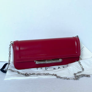 Ted Baker Shoulder Bag Baguette Red Leather Clutch Silver Chain Strap Slim