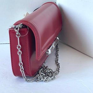 Ted Baker Shoulder Bag Baguette Red Leather Clutch Silver Chain Strap Slim