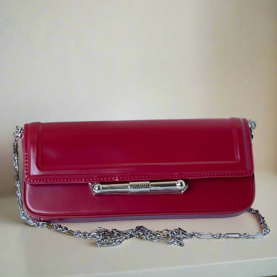 Ted Baker Shoulder Bag Baguette Red Leather Clutch Silver Chain Strap Slim