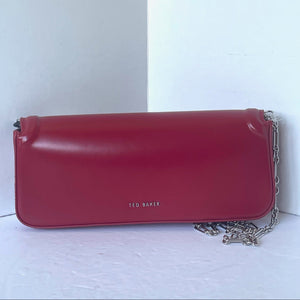 Ted Baker Shoulder Bag Baguette Red Leather Clutch Silver Chain Strap Slim