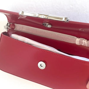 Ted Baker Shoulder Bag Baguette Red Leather Clutch Silver Chain Strap Slim