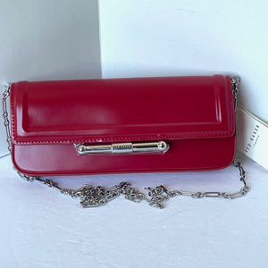 Ted Baker Shoulder Bag Baguette Red Leather Clutch Silver Chain Strap Slim