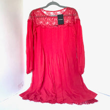 Load image into Gallery viewer, The Kooples Red Lace Chiffon Shift Dress Medium Red Long Sleeve Pleated Mini