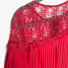 Load image into Gallery viewer, The Kooples Red Lace Chiffon Shift Dress Medium Red Long Sleeve Pleated Mini