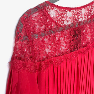 The Kooples Red Lace Chiffon Shift Dress Medium Red Long Sleeve Pleated Mini