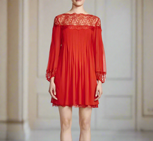 Load image into Gallery viewer, The Kooples Red Lace Chiffon Shift Dress Medium Red Long Sleeve Pleated Mini