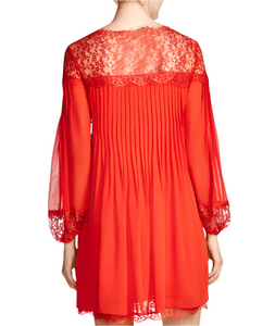 The Kooples Red Lace Chiffon Shift Dress Medium Red Long Sleeve Pleated Mini