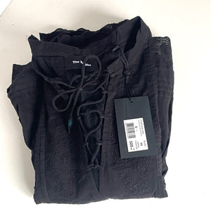 The Kooples Embroidered Cotton Top Womens XS Black V-Neck Ruffle Peplum