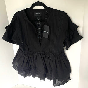 The Kooples Embroidered Cotton Top Womens XS Black V-Neck Ruffle Peplum