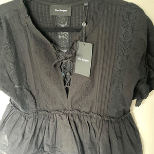 The Kooples Embroidered Cotton Top Womens XS Black V-Neck Ruffle Peplum