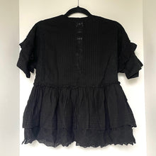 Load image into Gallery viewer, The Kooples Embroidered Cotton Top Womens XS Black V-Neck Ruffle Peplum