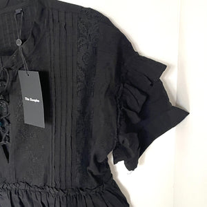 The Kooples Embroidered Cotton Top Womens XS Black V-Neck Ruffle Peplum