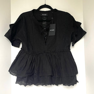 The Kooples Embroidered Cotton Top Womens XS Black V-Neck Ruffle Peplum