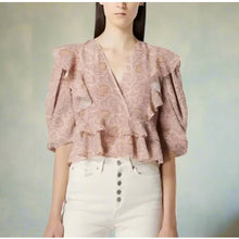 Load image into Gallery viewer, The Kooples Pink Paisley Silk Crop Top V-Neck Ruffle Blouse
