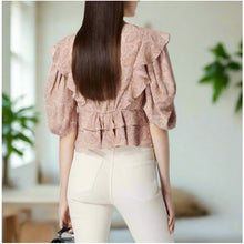 Load image into Gallery viewer, The Kooples Pink Paisley Silk Crop Top V-Neck Ruffle Blouse