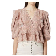 Load image into Gallery viewer, The Kooples Pink Paisley Silk Crop Top V-Neck Ruffle Blouse
