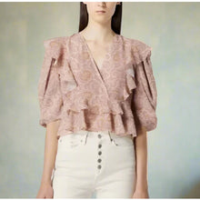 Load image into Gallery viewer, The Kooples Silk Crop Top Womens Pink Paisley V-Neck Ruffle Blouse XL