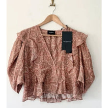 Load image into Gallery viewer, The Kooples Silk Crop Top Womens Pink Paisley V-Neck Ruffle Blouse XL