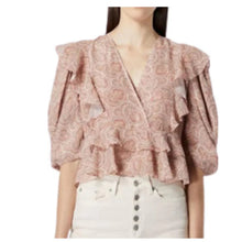 Load image into Gallery viewer, The Kooples Silk Crop Top Womens Pink Paisley V-Neck Ruffle Blouse XL