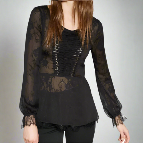 The_Kooples_Top_Womens_Extra_Extra_Small_Black_Lace_Corset_Ribbon_Peplum_Blouse