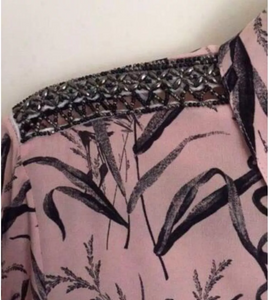 The Kooples Women's Button Up Long Sleeve Relaxed Floral Beaded Pink Silk Shirt, XS