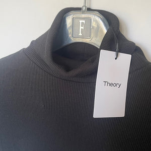 Dark gray turtleneck sweater on a hanger with 'Theory' tag