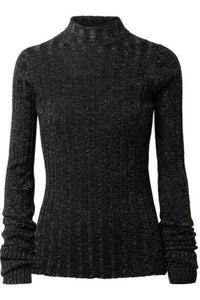 Theory Sweater Womens Large Black Mock Neck Gold Metallic Rib Knit Merino Wool