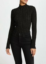 Load image into Gallery viewer, Theory Sweater Womens Large Black Mock Neck Gold Metallic Rib Knit Merino Wool
