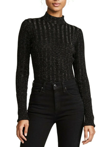 Theory Sweater Womens Large Black Merino Wool Mock Neck Gold Metallic Rib Knit