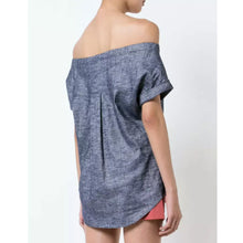 Load image into Gallery viewer, Theory Chambray Off Shoulder Top Womens Medium Blue Short Sleeve Linen Velvela