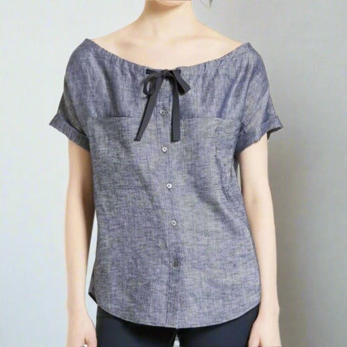 Theory_Linen_Top_Womens_Medium_Blue_Off_Shoulder_Short_Sleeve_Blouse_Velvela