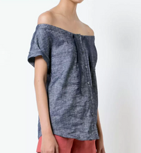 Load image into Gallery viewer, Theory Chambray Off Shoulder Top Womens Medium Blue Short Sleeve Linen Velvela