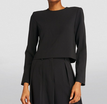 Load image into Gallery viewer, Theory Minimal Long Sleeve Crop Top Womens Large Black Back Zip Crepe