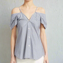 Load image into Gallery viewer, Theory Off Shoulder Top Womens Small Blue V-Neck Hartman Striped Cotton