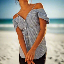 Load image into Gallery viewer, Theory Off Shoulder Top Womens Small Blue V-Neck Hartman Striped Cotton