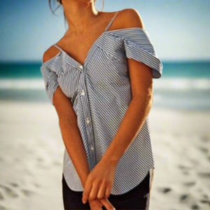 Theory Off Shoulder Top Womens Small Blue V-Neck Hartman Striped Cotton