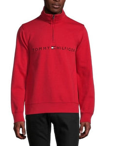 Tommy Hilfiger Sweater Mens Red Quarter Zip Mock Neck Logo Cotton Will