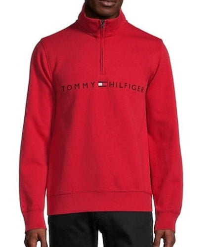 Tommy Hilfiger Sweater Mens Red Quarter Zip Mock Neck Logo Cotton Will