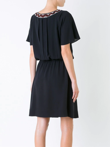 Tory Burch Dress Womens 8 Black Silk Short Sleeve Embroidered Blouson Short