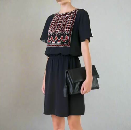 Tory Burch Silk Dress Womens 8 Black Short Sleeve Flutter Mini Batik Embroidered