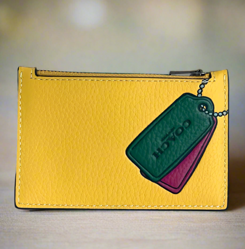 Coach Zip Card Case Wallet Mens Yellow Leather Slim Trompe L'oeil CH130