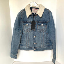 Load image into Gallery viewer, True Religion Sherpa Collar Trucker Denim Jacket Womens Large Blue Stretch